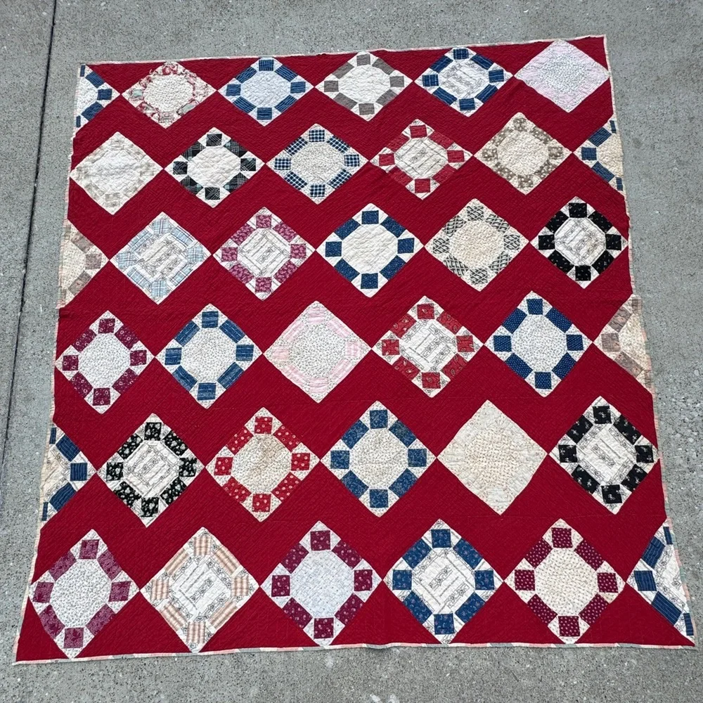 Antique 1880-1910, Reversible Quilt, Churn Dash & Tumbling Blocks. 74x78”. TVR